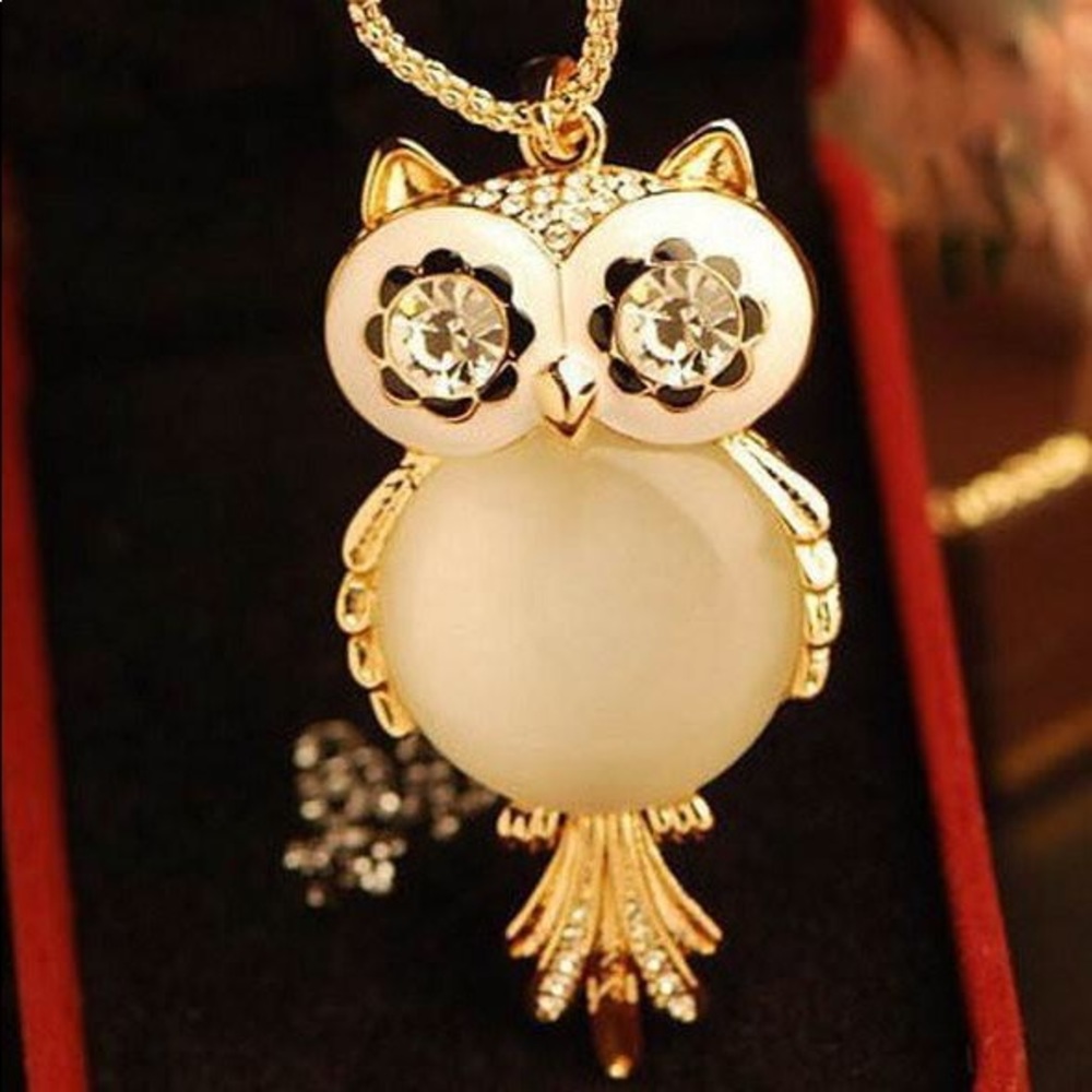 Opalescent White Jeweled Owl Pendant Necklace